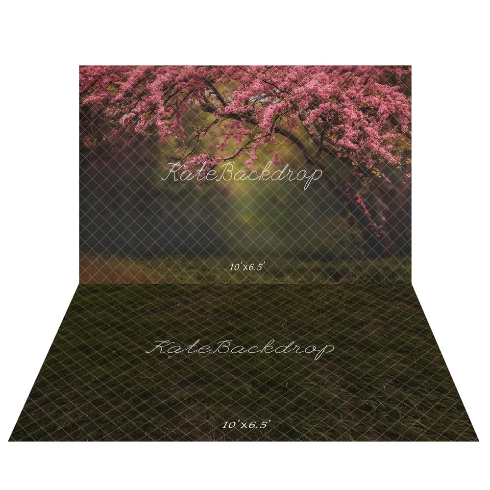 Kate Spring Pink Blossom Tree Arch Forest Backdrop+Dark Green Grass Floor Backdrop