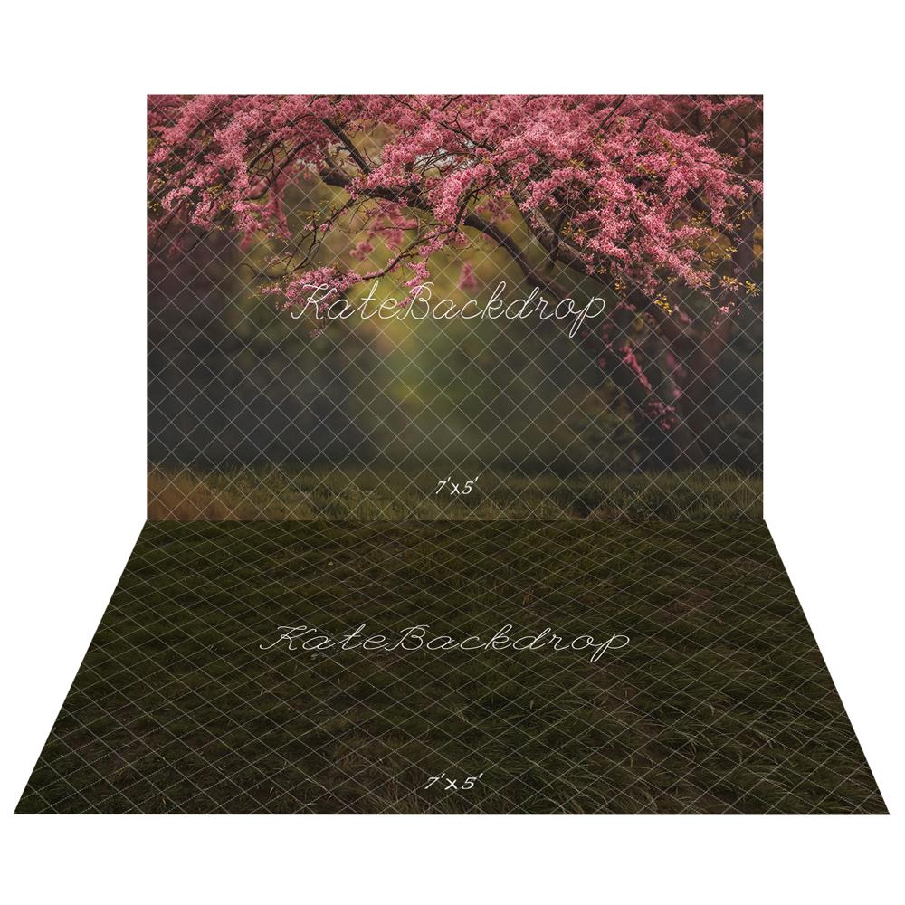 Kate Spring Pink Blossom Tree Arch Forest Backdrop+Dark Green Grass Floor Backdrop