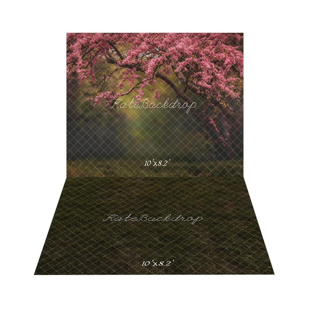 Kate Spring Pink Blossom Tree Arch Forest Backdrop+Dark Green Grass Floor Backdrop