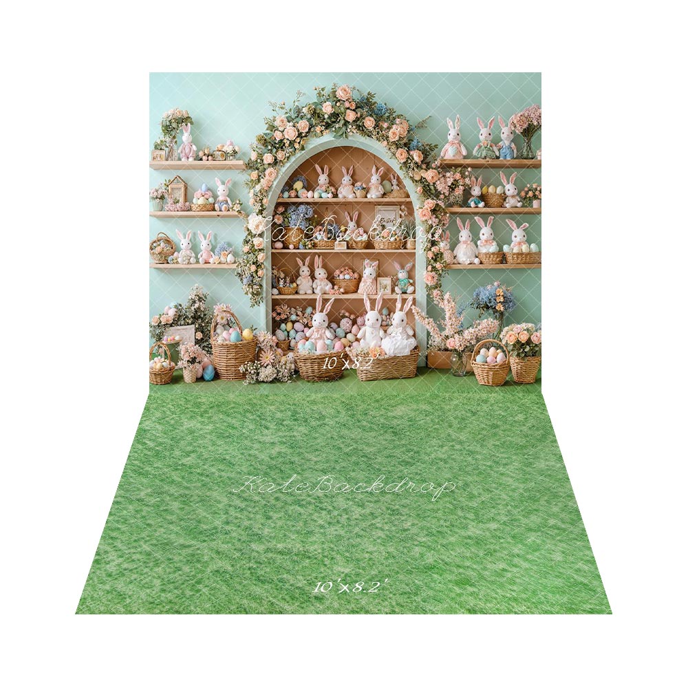 Kate Easter Bunny Flower Arch Cabinet Pastel Eggs Baskets Backdrop+Spring Green Grass Floor Backdrop