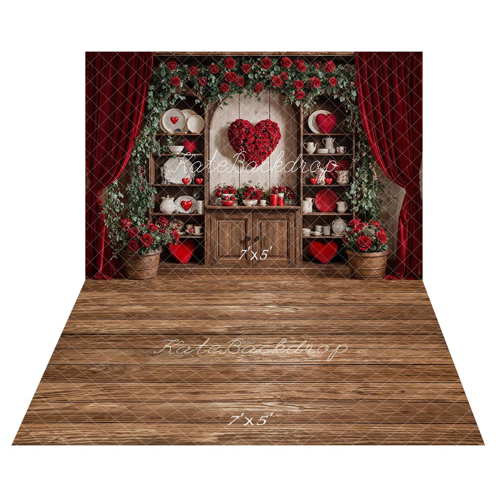 Kate Valentines Red Roses Heart Rustic Cabinet Curtains Backdrop+Brown Wooden Plank Floor Backdrop
