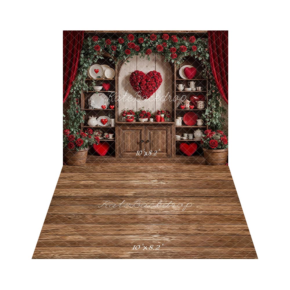 Kate Valentines Red Roses Heart Rustic Cabinet Curtains Backdrop+Brown Wooden Plank Floor Backdrop