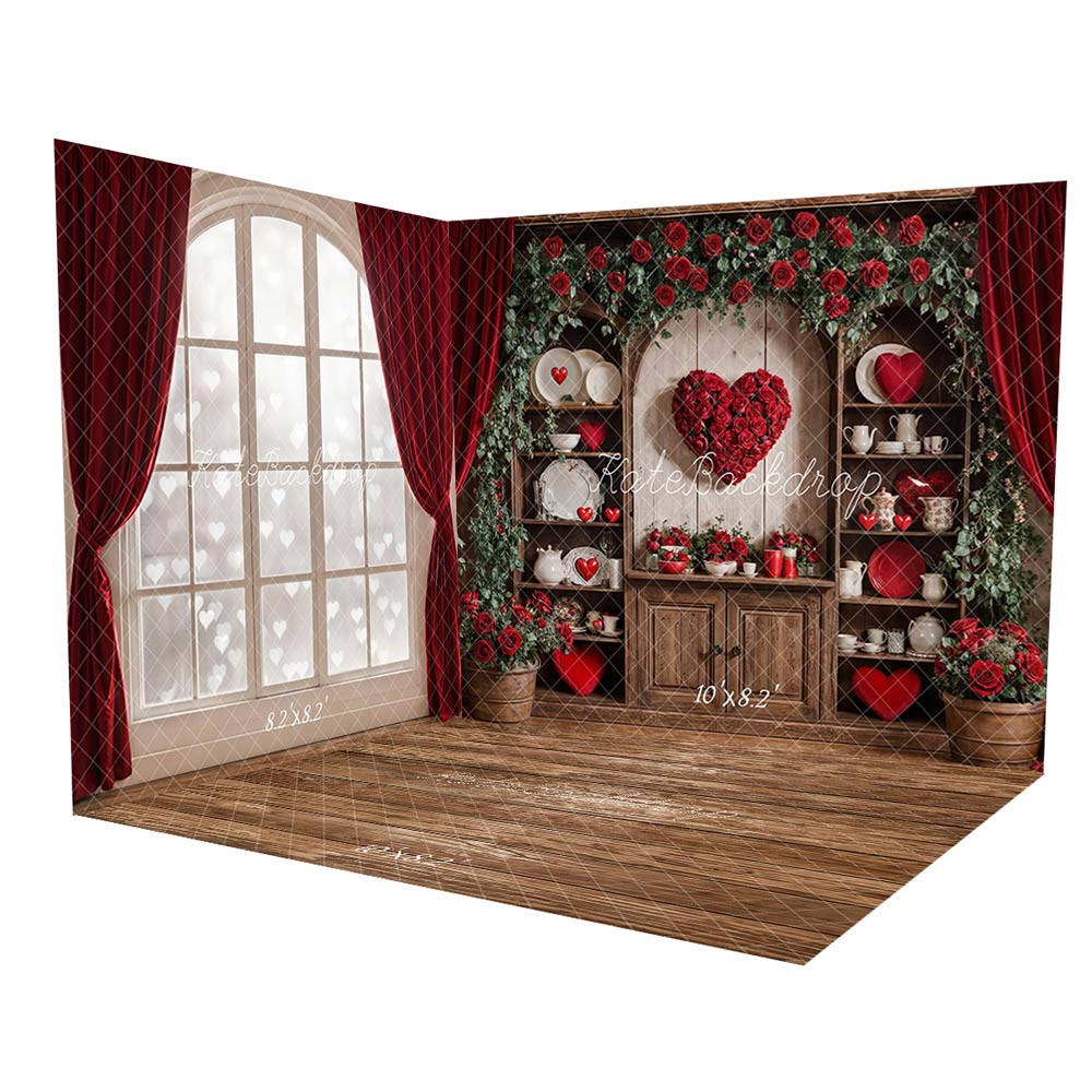 Kate Valentines Red Roses Heart Rustic Cabinet Curtains Room Set