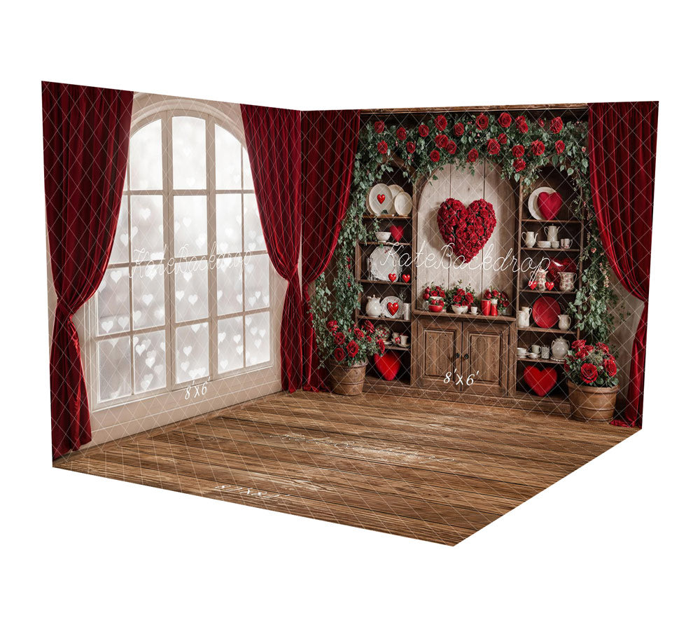 Kate Valentines Red Roses Heart Rustic Cabinet Curtains Room Set