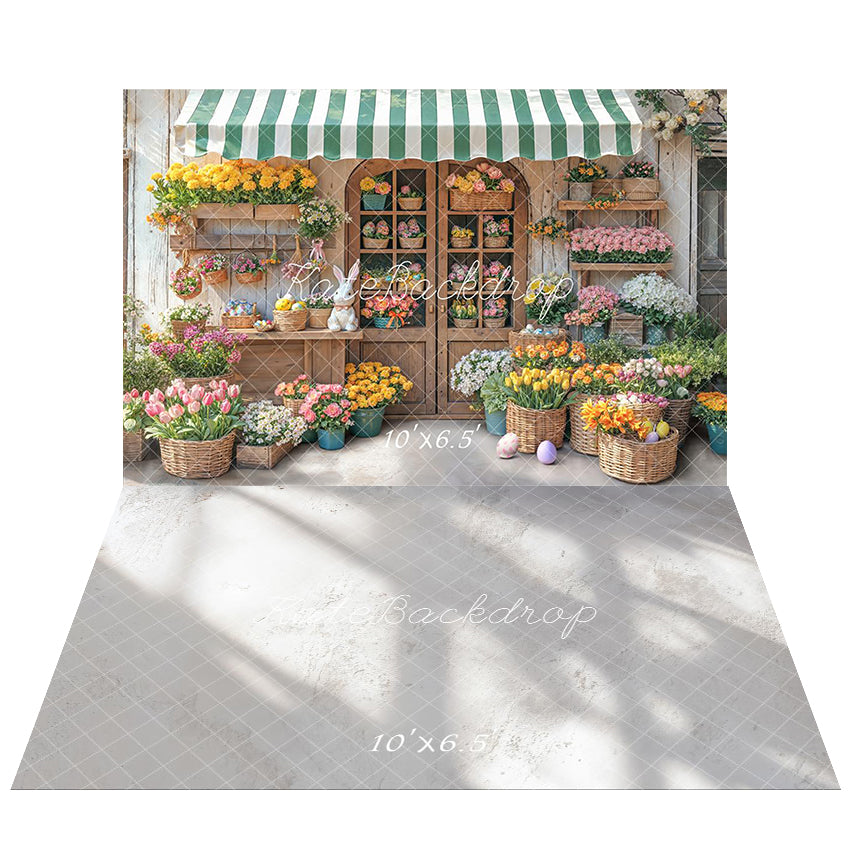 Kate Easter Bunny Flower Shop Baskets Eggs Backdrop+White Textured Wall Light Shadows Floor Backdrop