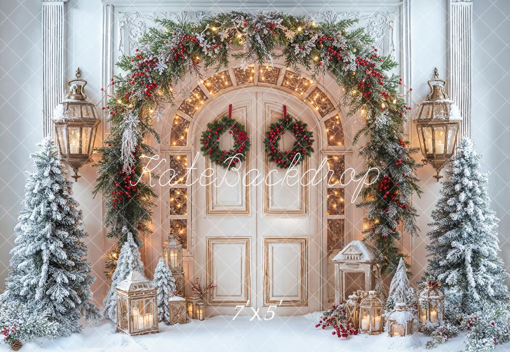 Kate Christmas Retro Door Garland Snowy Pine Trees Lanterns Backdrop Designed by Emetselch