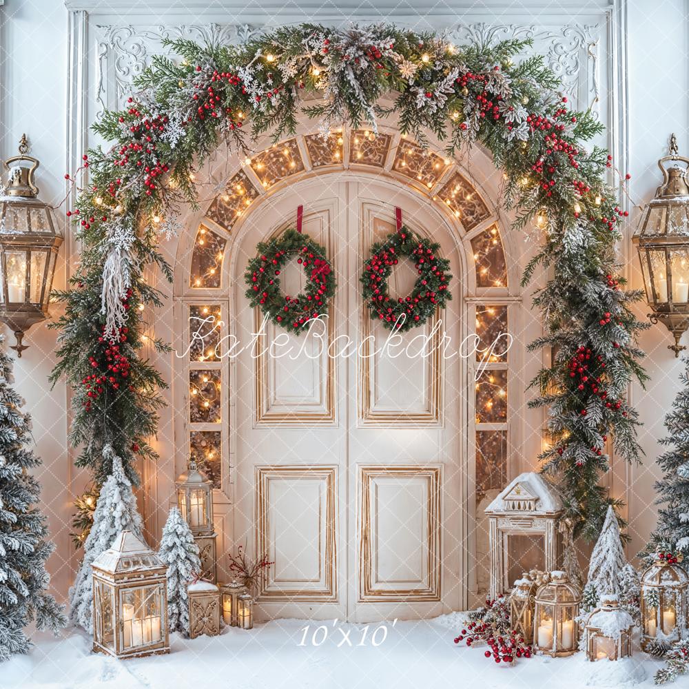 Kate Christmas Retro Door Garland Snowy Pine Trees Lanterns Printed Backdrop Designed by Emetselch