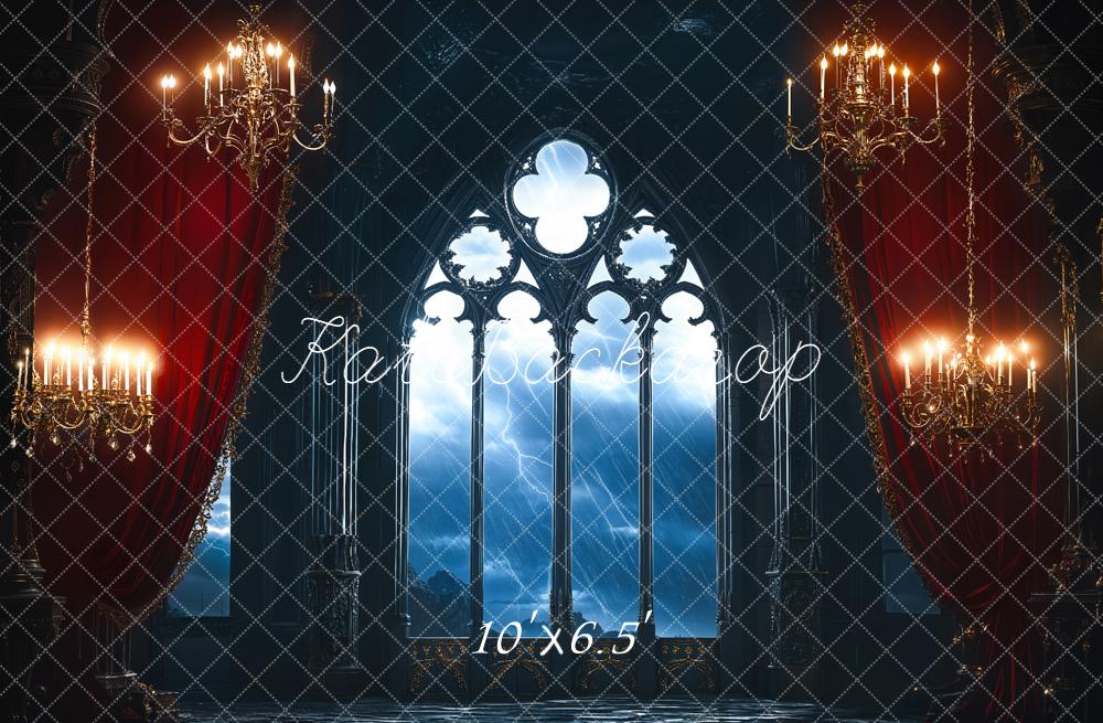Kate Halloween Gothic Castle Window Chandelier Red Curtains Backdrop Designed by Emetselch
