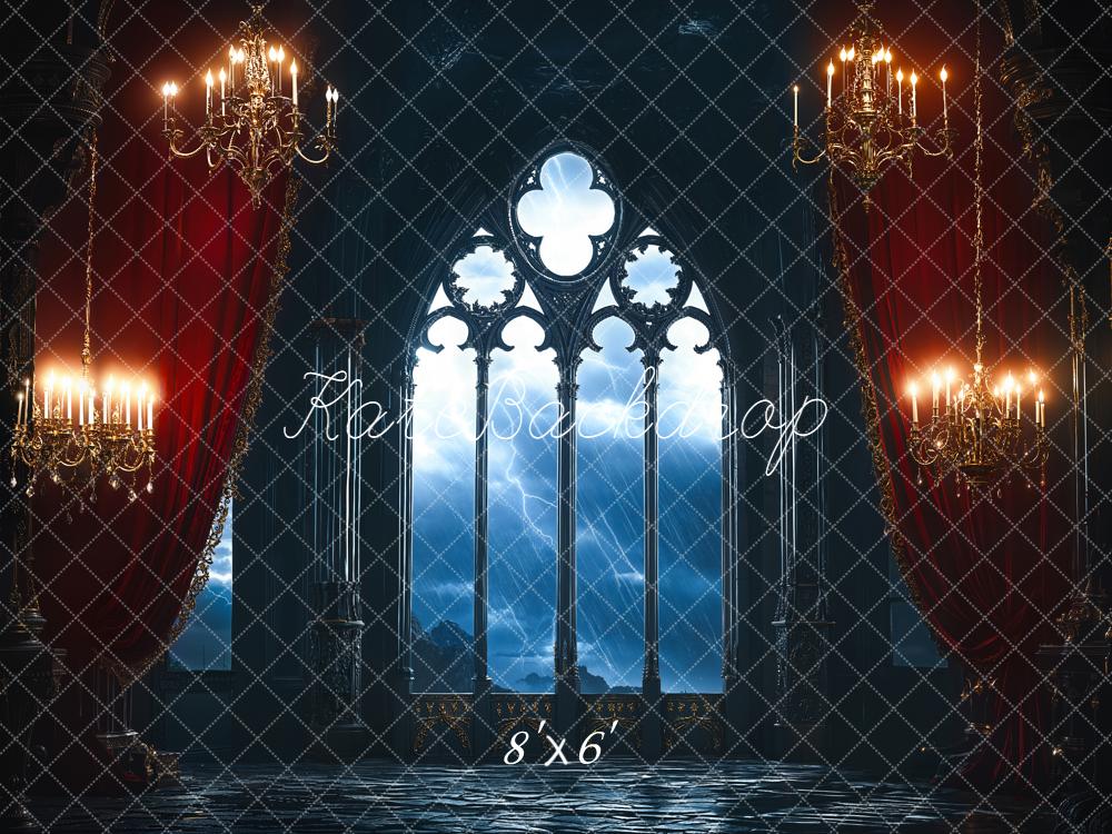 Kate Halloween Gothic Castle Window Chandelier Red Curtains Backdrop Designed by Emetselch