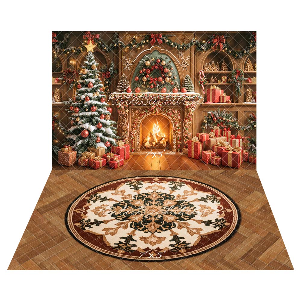 Kate Christmas Fireplace Gingerbread Tree Garland Presents Backdrop+Round Retro Floral Rug Floor Backdrop