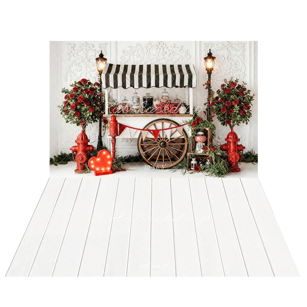 Kate Valentine's Day Candy Cart Red Roses Fire Hydrants Backdrop+White Wood Panel Floor Backdrop