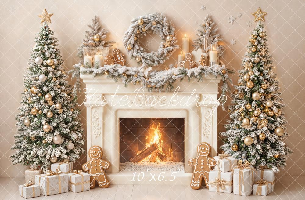 Kate Christmas Fireplace Gingerbread Snow Trees Gifts Backdrop Designed by Emetselch