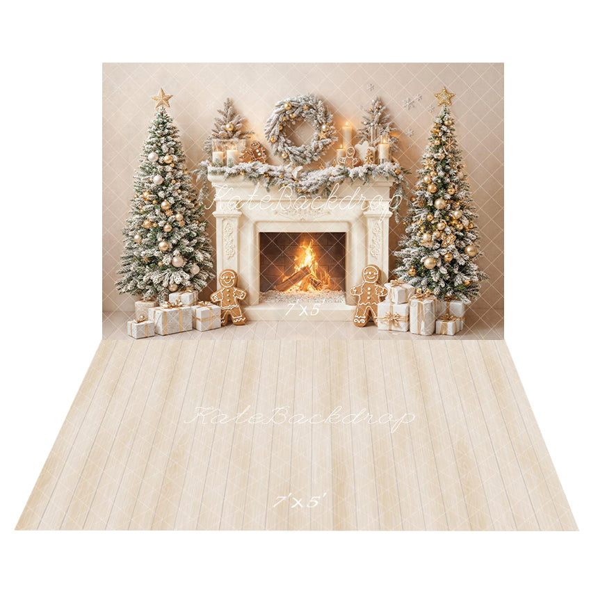 Kate Christmas Fireplace Gingerbread Snow Trees Gifts Backdrop+Beige Wood Panel Floor Backdrop