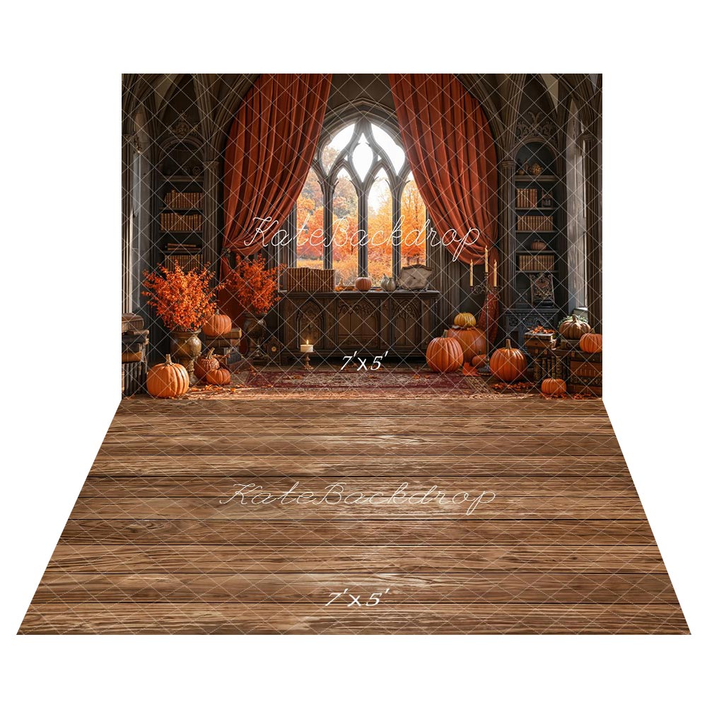 Kate Fall Gothic Arched Window Library Pumpkins Curtains Backdrop+Brown Wooden Plank Floor Backdrop