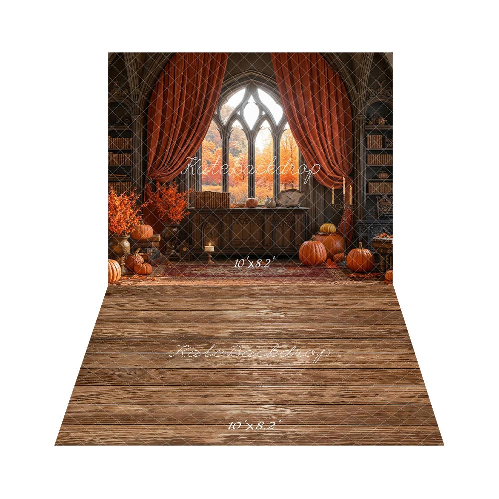 Kate Fall Gothic Arched Window Library Pumpkins Curtains Backdrop+Brown Wooden Plank Floor Backdrop