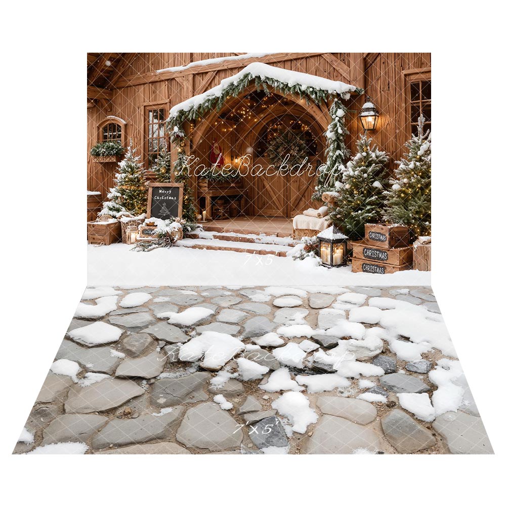 Kate Christmas Snowy Wooden Porch Pine Trees Backdrop+Winter Cobblestone with Snow Floor Backdrop