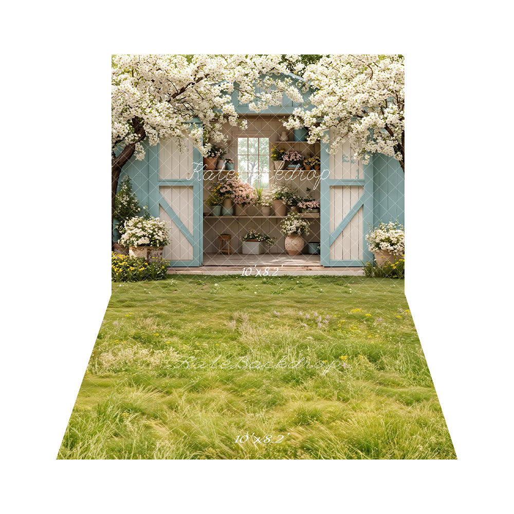 Kate Spring Blue Garden Shed Flower Arch Blossoming Trees Backdrop+ Spring Light Green Meadow Grass Wildflowers Floor Backdrop