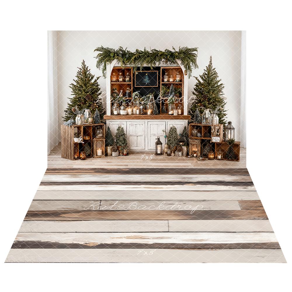 Kate Christmas Pine Trees Wooden White Cabinet Bottles Backdrop+ Light Brown White Retro Wood Floor Backdrop