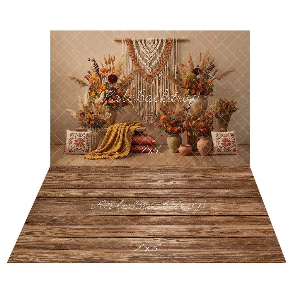 Kate Boho Macrame Pampas Grass Floral Vases Backdrop+ Brown Wooden Plank Floor Backdrop
