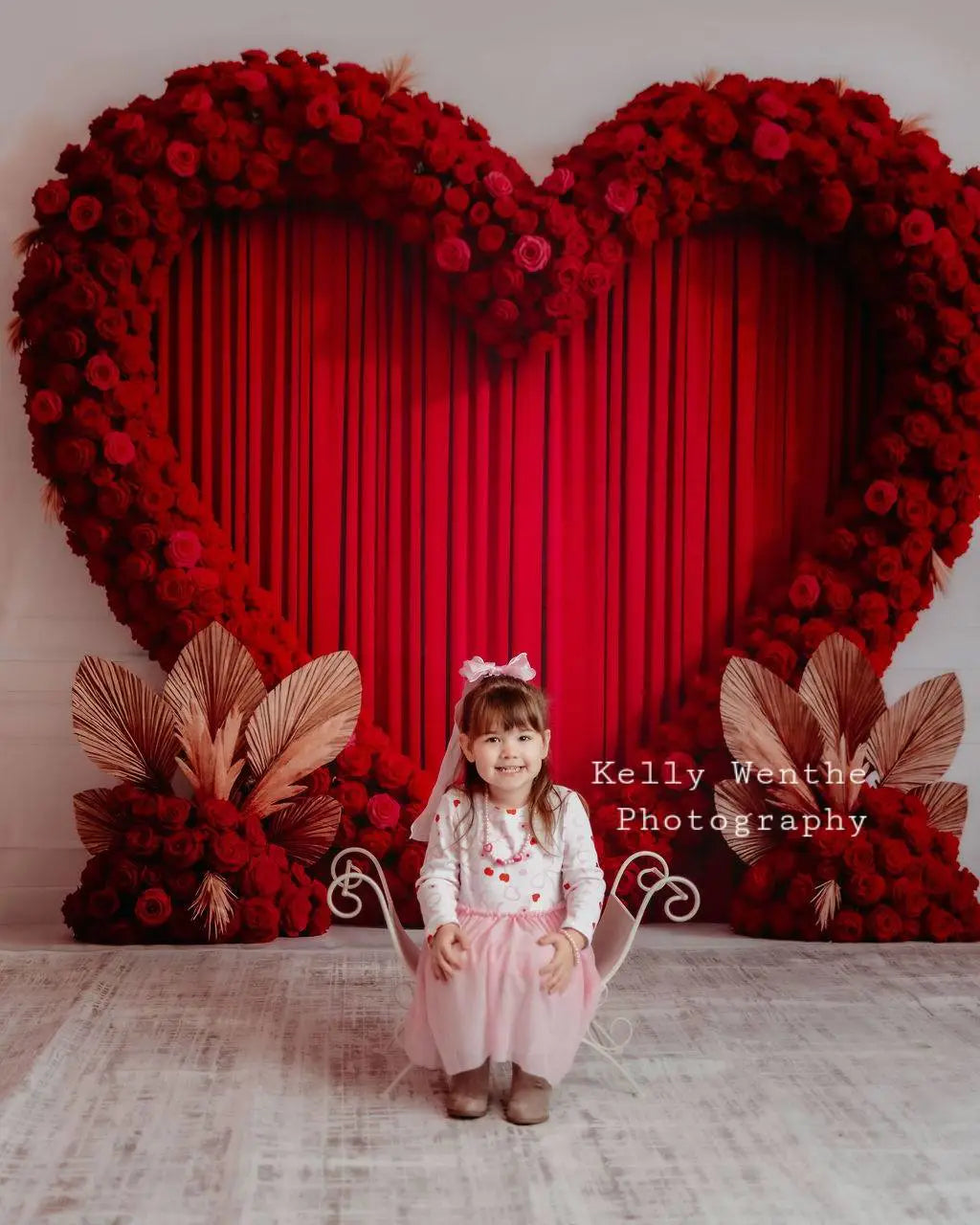 Kate Valentines Heart Flower Arch Pink Roses Gold Leaves Printed Backdrop Designed by Mini MakeBelieve