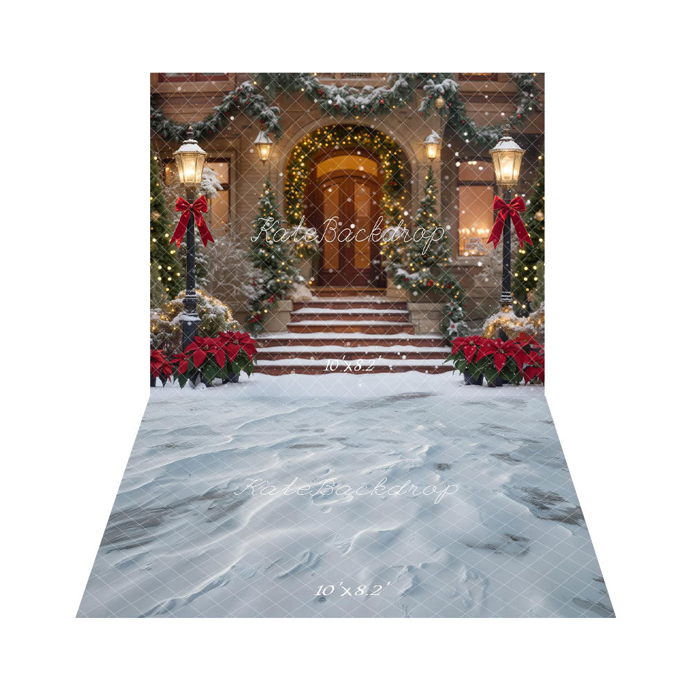 Kate Christmas Snowy Porch Garland Red Bows Lamppost Backdrop+Winter Snowy Ground Texture Floor Backdrop