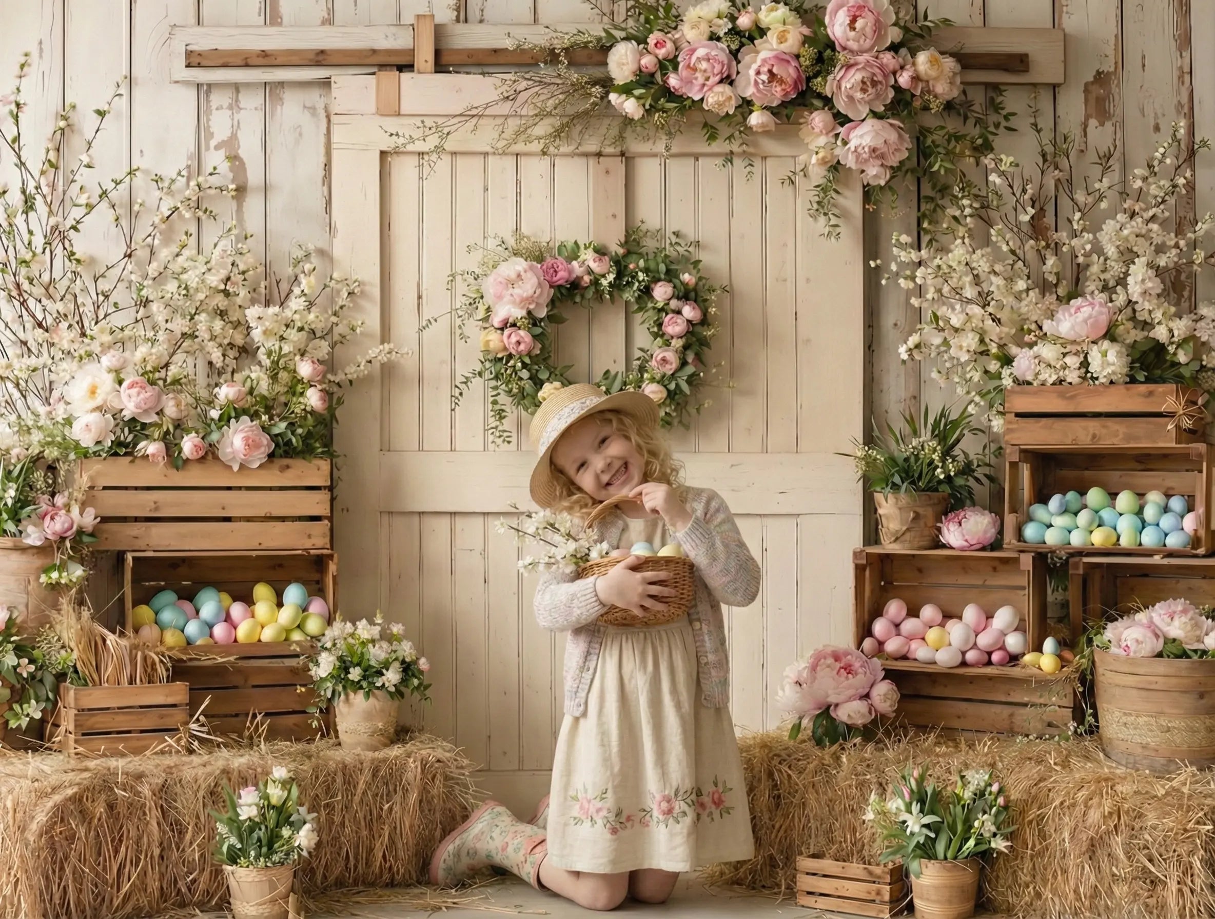 Kate Easter Spring White Barn Door Flowers Eggs Wood Crates Backdrop Designed by Emetselch