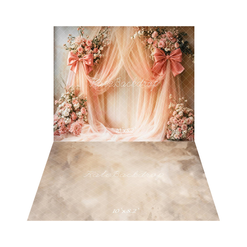 Kate Spring Romantic Pink Flower Arch Bows Drapes Backdrop+Beige Abstract Texture Floor Backdrop