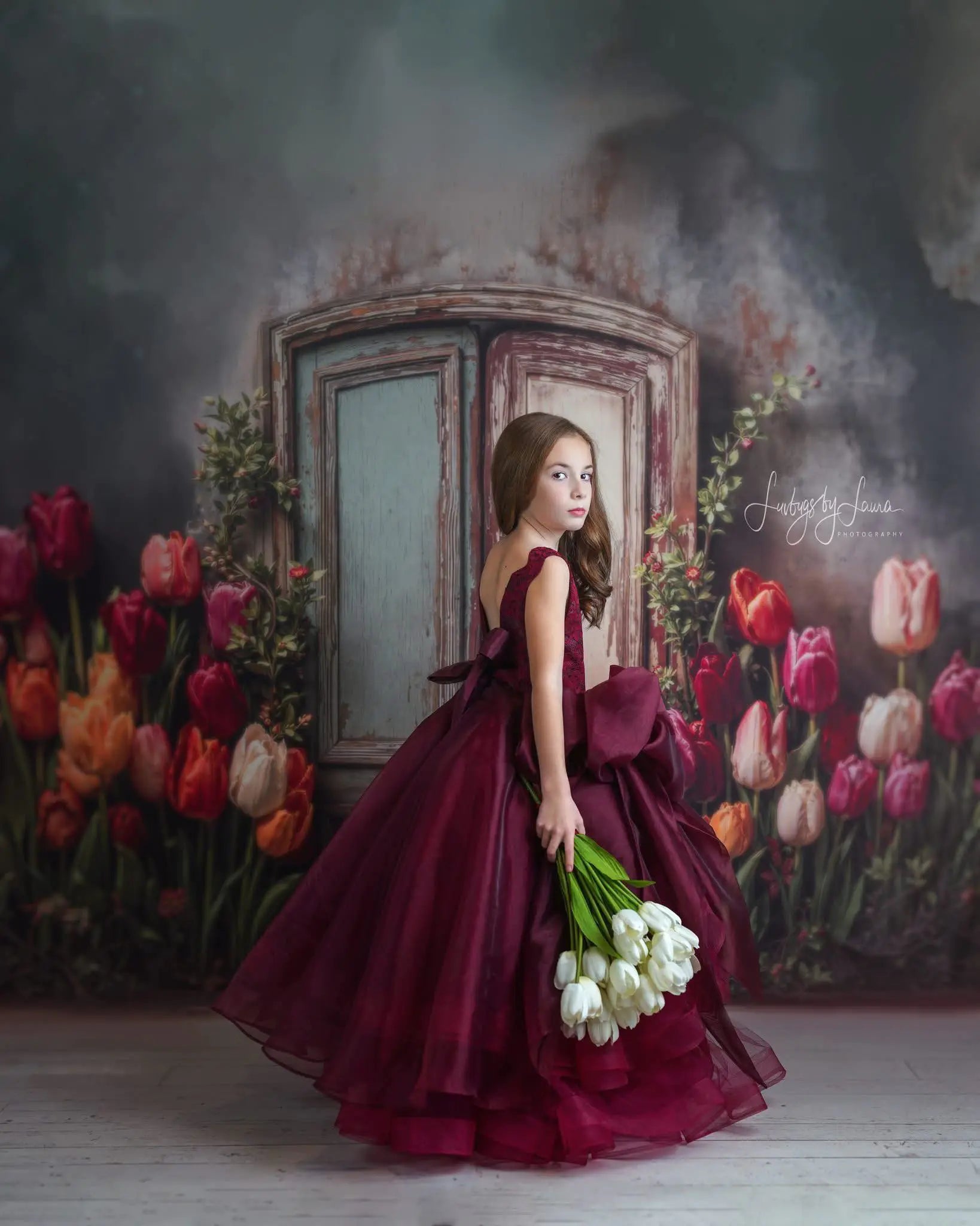 Kate Spring Fine Art Vintage Door Tulips Printed Backdrop Designed by Emetselch