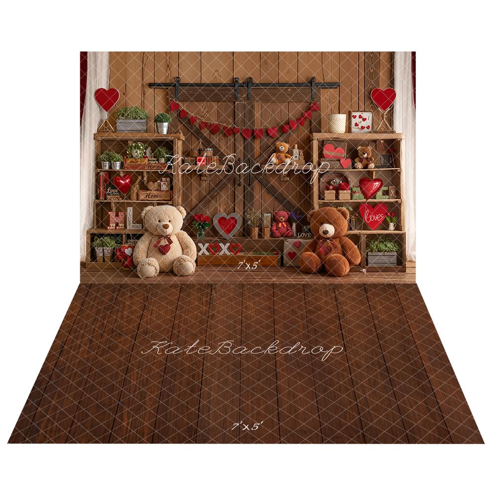 Kate Valentine's Day Teddy Bears Wooden Shelves Red Hearts Backdrop + Dark Brown Wooden Floor Backdrop
