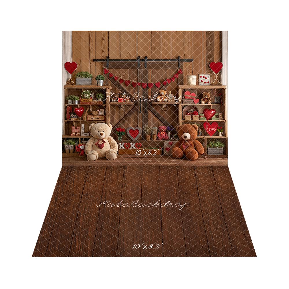 Kate Valentine's Day Teddy Bears Wooden Shelves Red Hearts Backdrop + Dark Brown Wooden Floor Backdrop