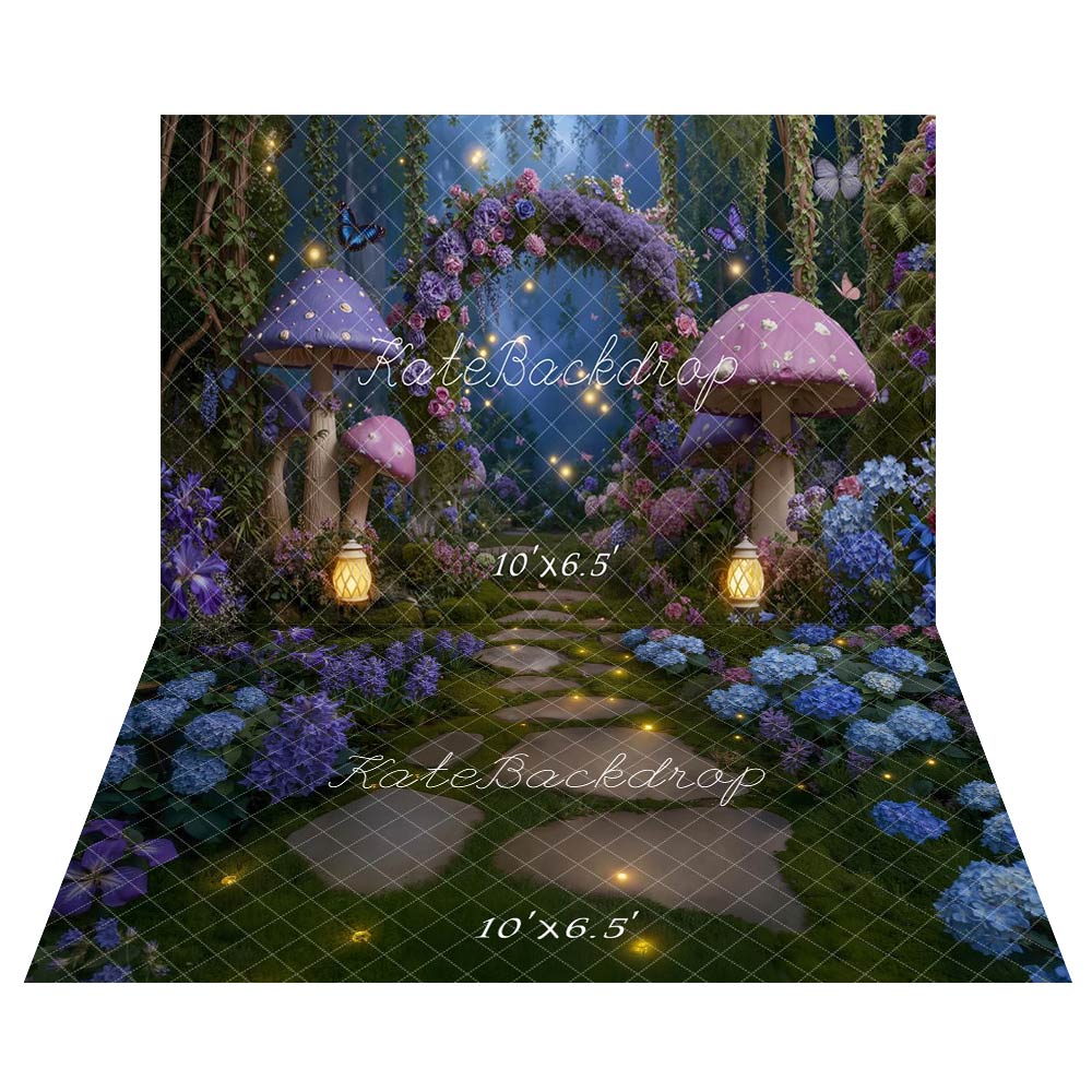 Kate Fairy Flower Arch Purple Mushrooms Backdrop + Stone Pathway Fairy Garden Blue and Purple Flowers Floor Backdrop