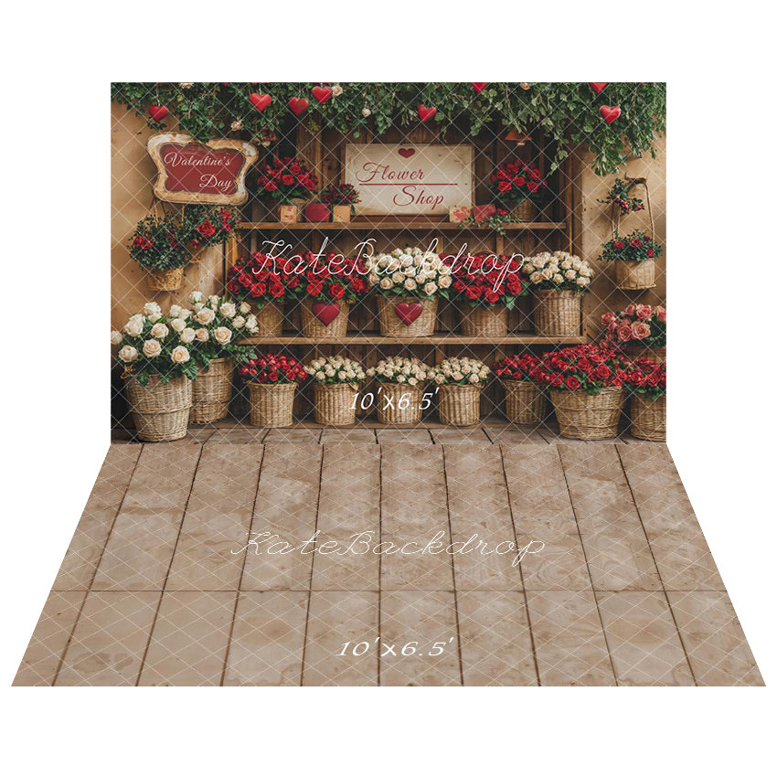 Kate Valentine's Day Flower Shop Red Baskets Printed Backdrop + Kate Beige Retro Floor Printed Backdrop