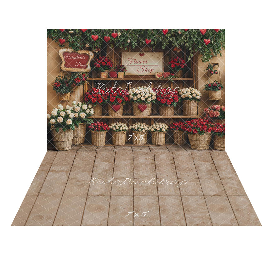 Kate Valentine's Day Flower Shop Red Baskets Printed Backdrop + Kate Beige Retro Floor Printed Backdrop