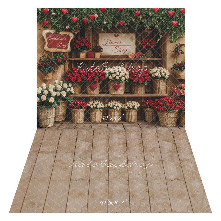 Kate Valentine's Day Flower Shop Red Baskets Printed Backdrop + Kate Beige Retro Floor Printed Backdrop