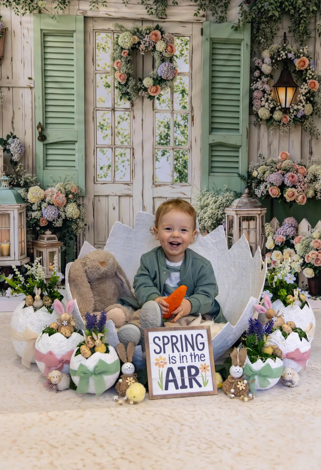 Kate Spring Floral Garden Door Lanterns Wreath Green Shutters Backdrop Designed by Emetselch