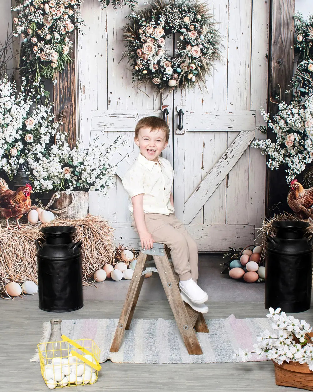 Kate Easter Rustic Barn Flowers Hay Eggs Printed Backdrop Designed by Emetselch