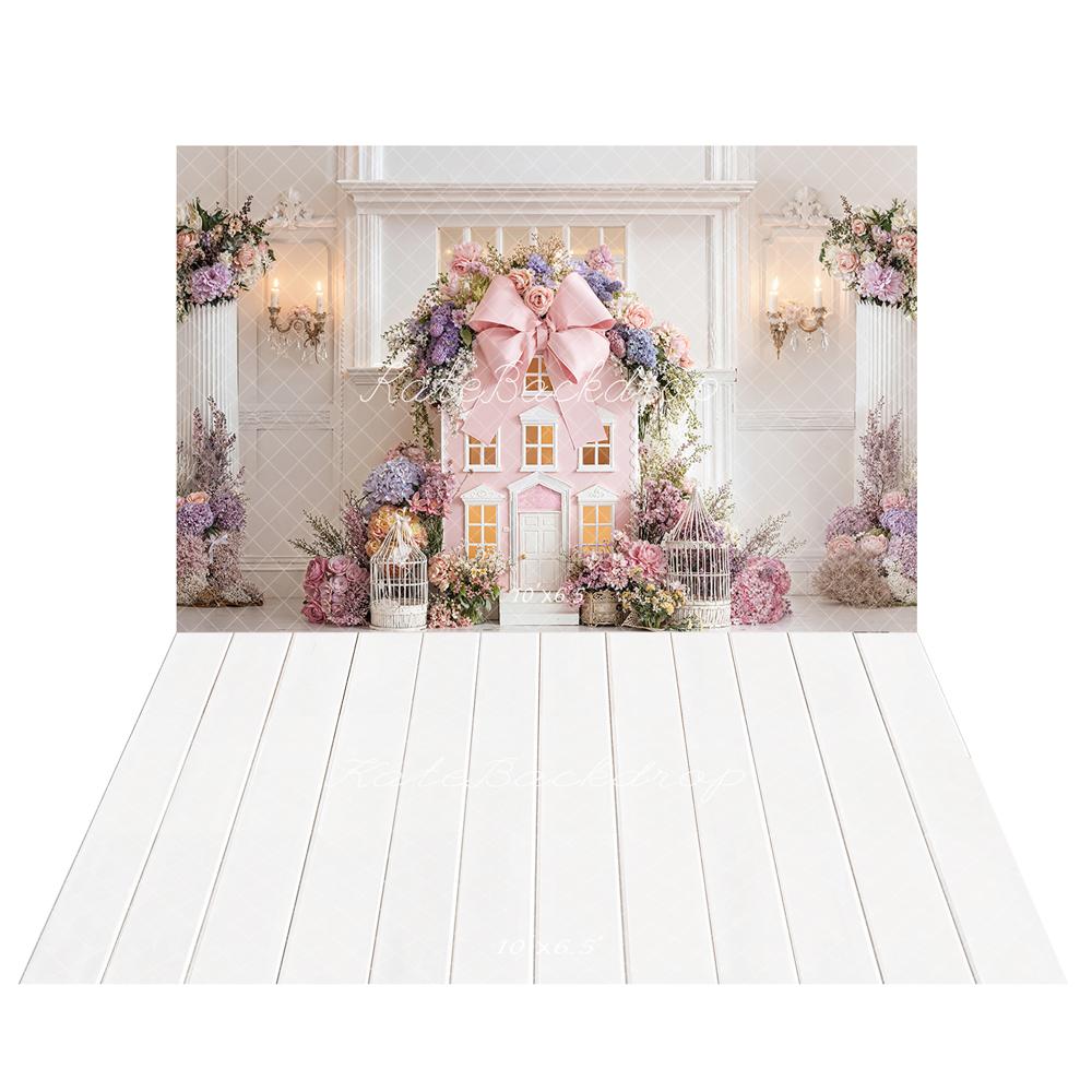 Kate Spring Pink House Flower Arch Birdcage Backdrop Designed by Emetselch+ White Wood Panel Floor Backdrop