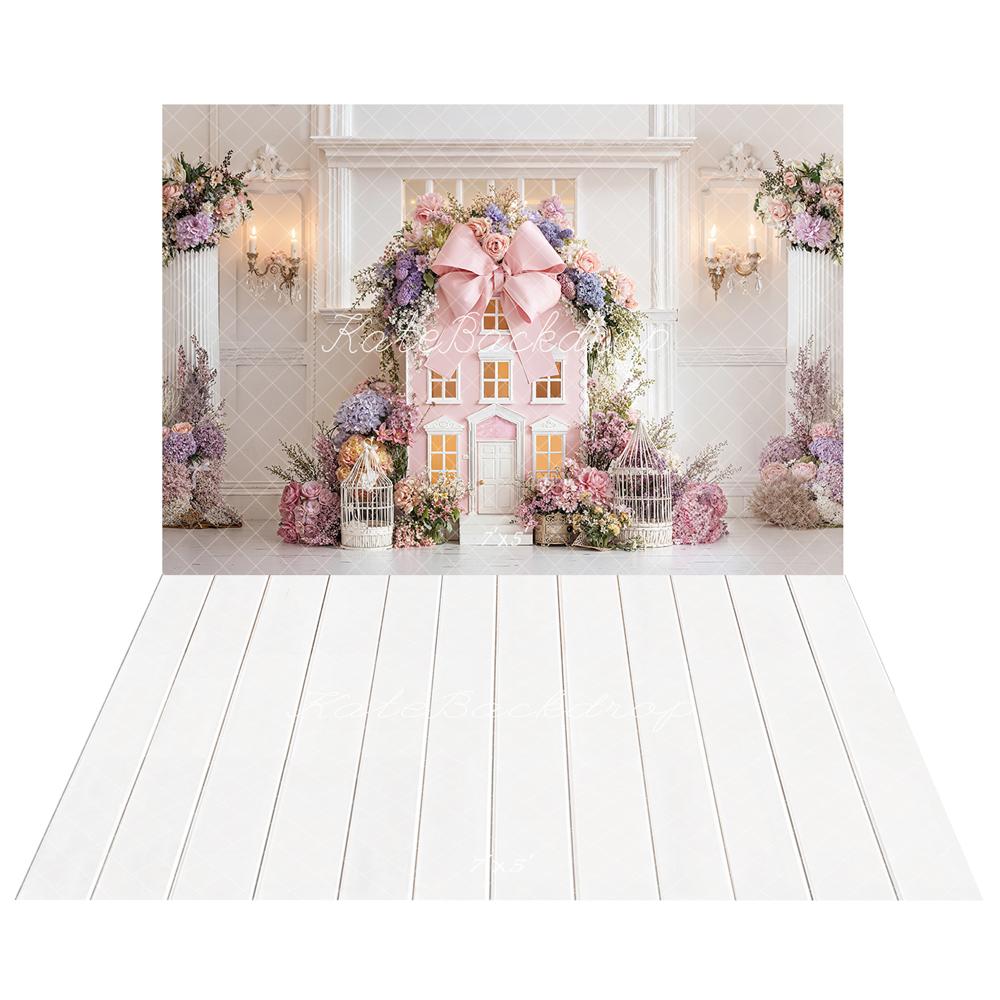 TEST Kate Spring Pink House Flower Arch Birdcage Backdrop Designed by Emetselch+ White Wood Panel Floor Backdrop