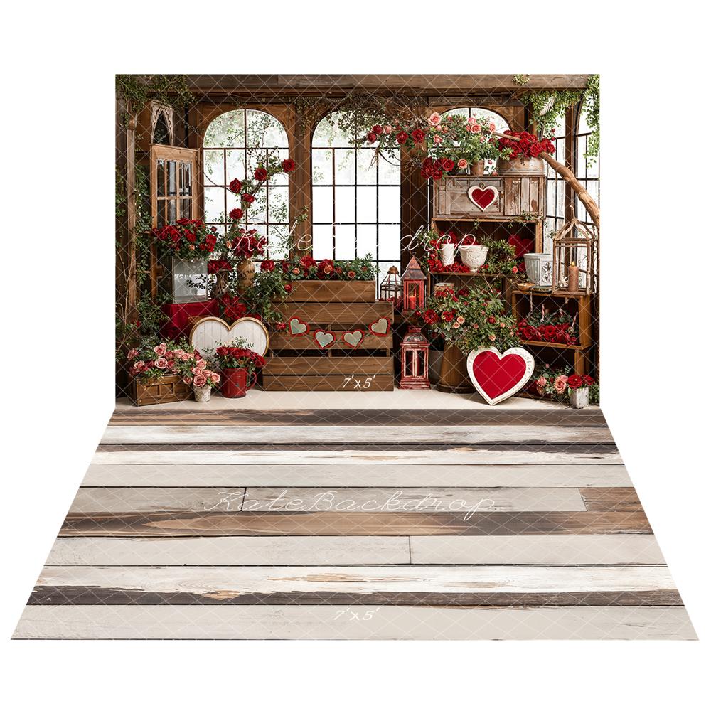 Kate Valentine's Day Red Roses Heart Wooden Window Crate Backdrop+Light Brown White Retro Wood Floor Backdrop