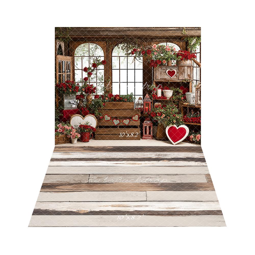 Kate Valentine's Day Red Roses Heart Wooden Window Crate Backdrop+Light Brown White Retro Wood Floor Backdrop