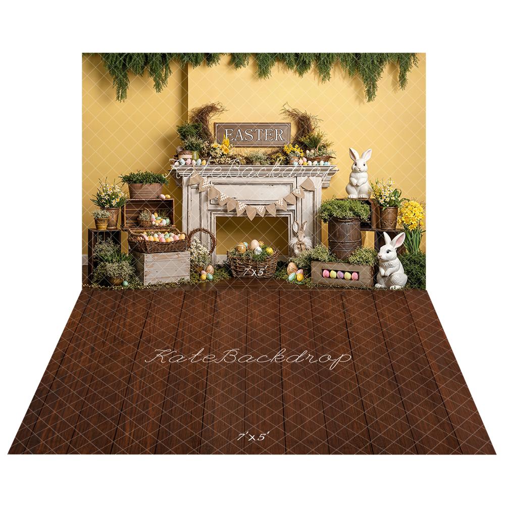 Kate Easter Bunny Fireplace Eggs Yellow Flowers Backdrop + Dark Brown Wooden Floor Backdrop