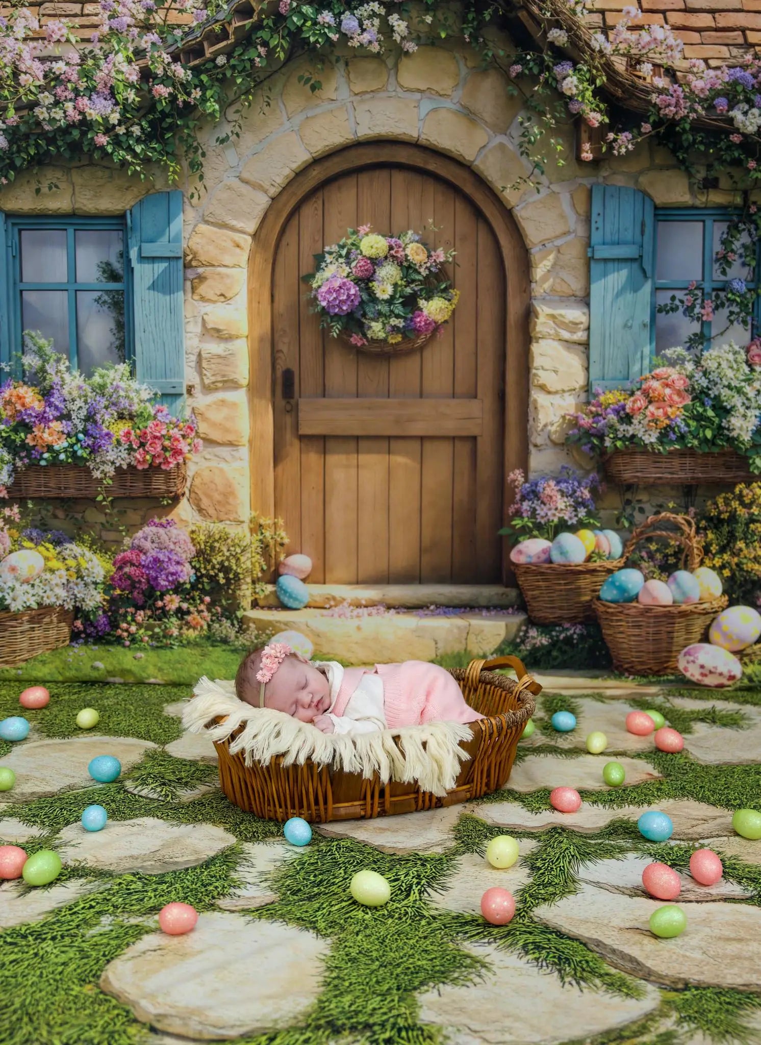 Spring Garden Path White Fence Foto Achtergrond+Stone Pathway Floral Garden Floor Backdrop Designed by.