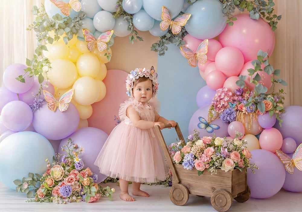 Kate Cake Smash Balloon Arch Pastel Butterfly Flowers Printed Backdrop Designed by Emetselch