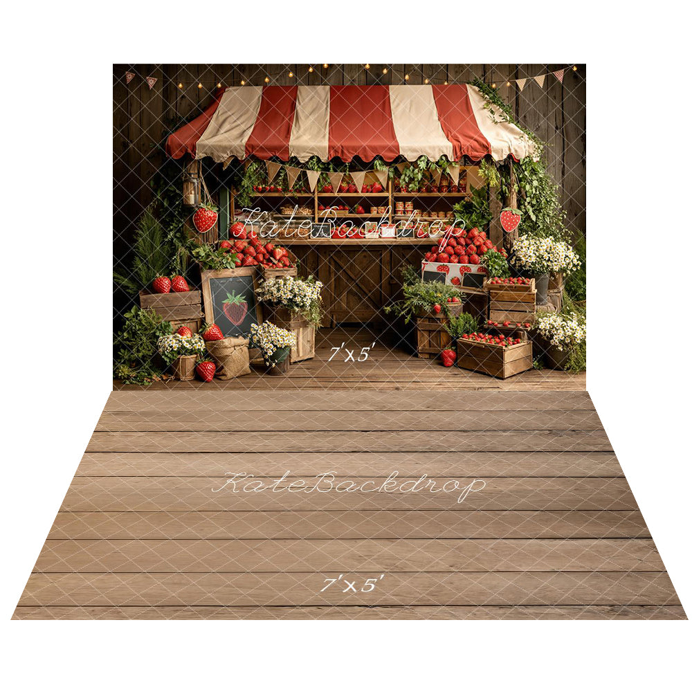 Kate Summer Strawberry Market Stand with Flowers and Crates Printed Backdrop+Light Brown Wood Plank Floor Printed Backdrop