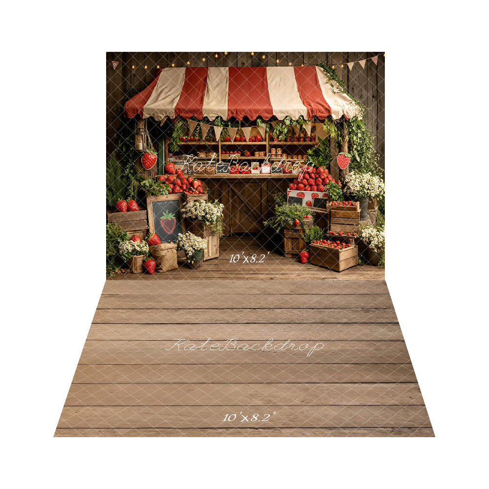 Kate Summer Strawberry Market Stand with Flowers and Crates Printed Backdrop+Light Brown Wood Plank Floor Printed Backdrop