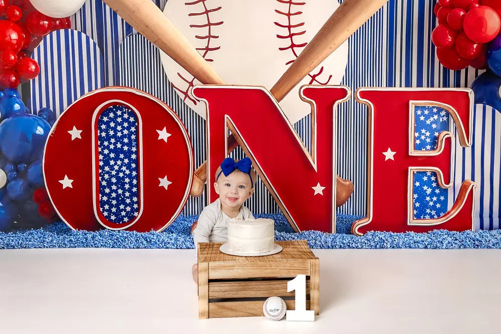Kate Cake Smash Baseball Bats Balloons ONE Letters Red White Blue Printed Backdrop Designed by Emetselch