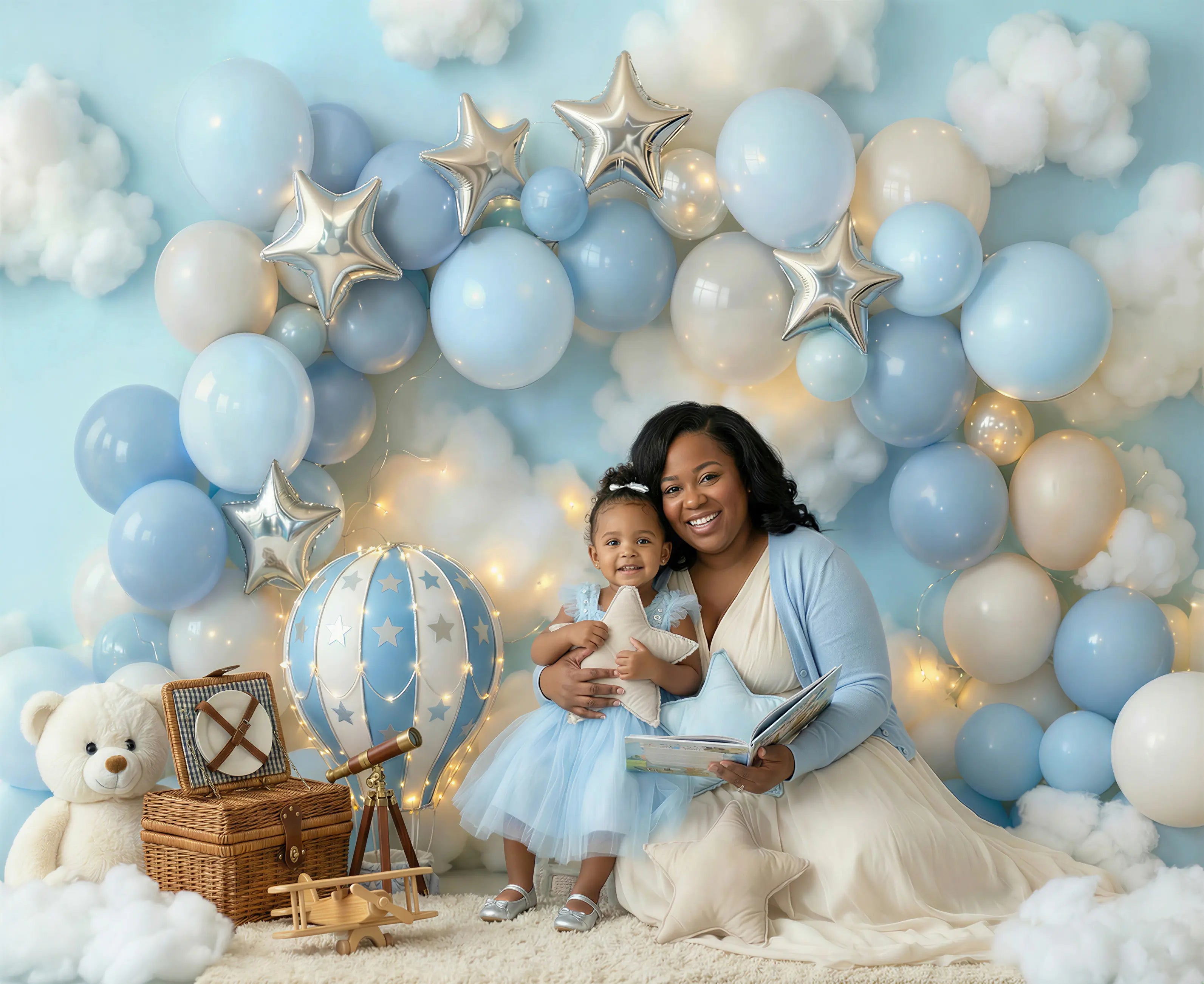 Kate Cake Smash Blue Balloon Arch Hot Air Balloon Teddy Bear Stars Printed Backdrop Designed by Emetselch