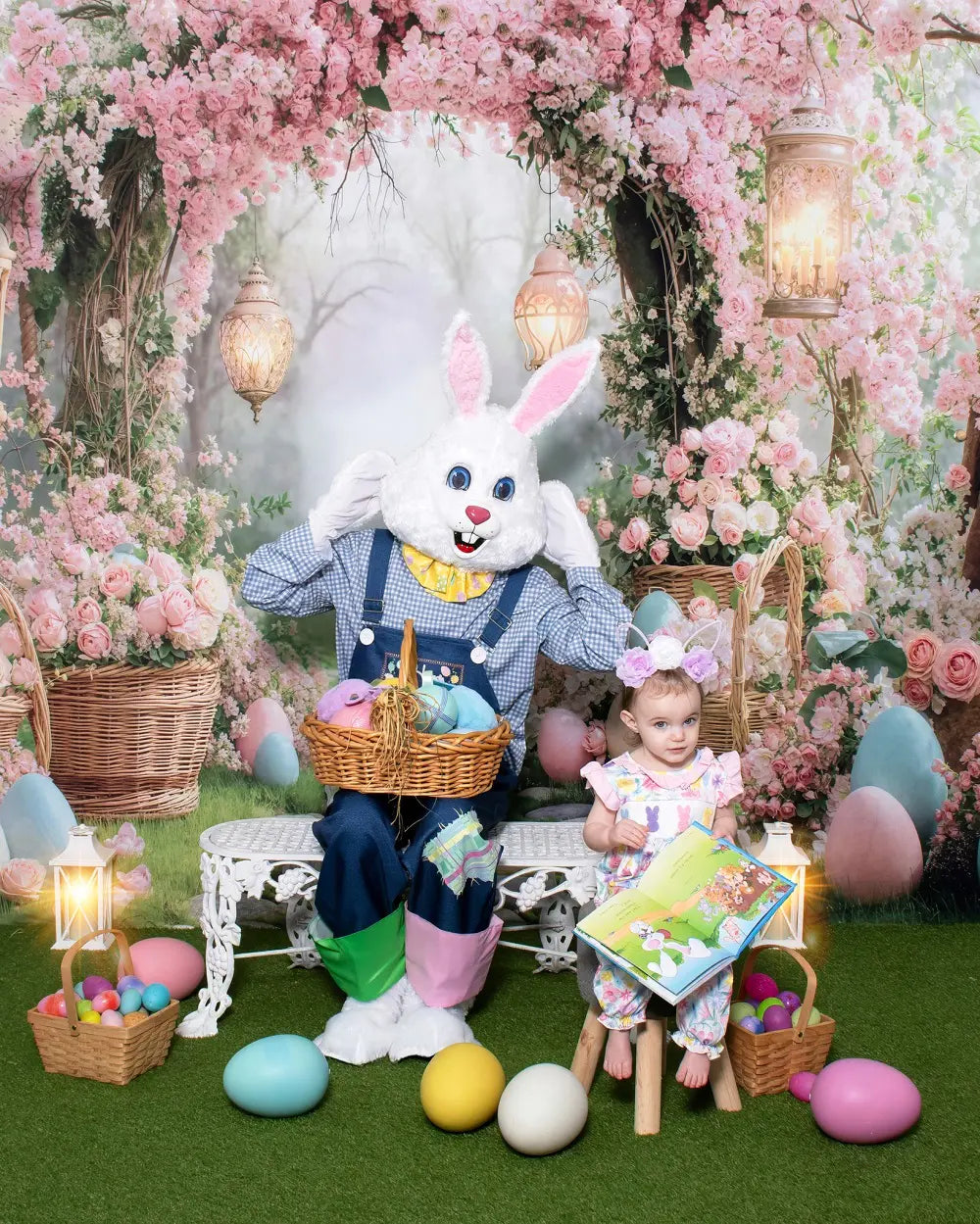Kate Easter Bunny Flower Arch Pink Cobblestone Path Printed Backdrop Designed by Emetselch