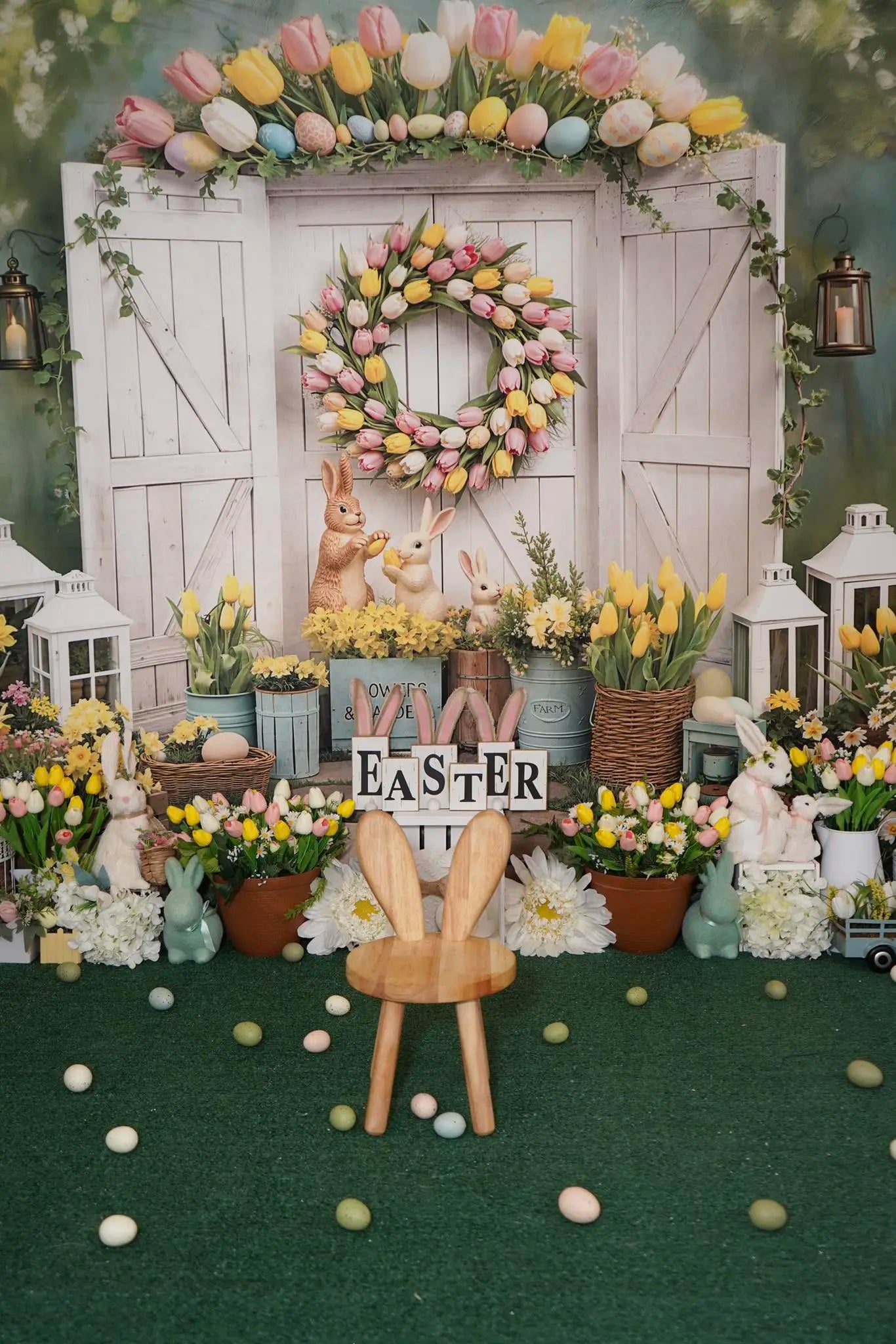 Kate Easter Bunny Tulip Wreath Garden Door Printed Backdrop Designed by Chain Photography