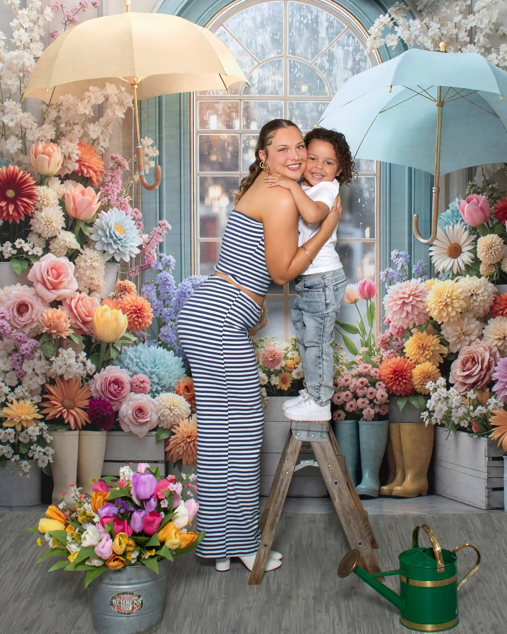 Kate Spring Flower Garden Umbrella Window Boots Printed Backdrop Designed by Mini MakeBelieve